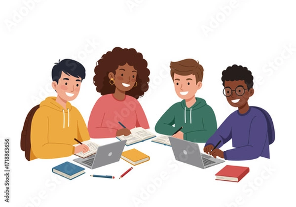 Fototapeta Four diverse students collaborate with books  laptops around a table