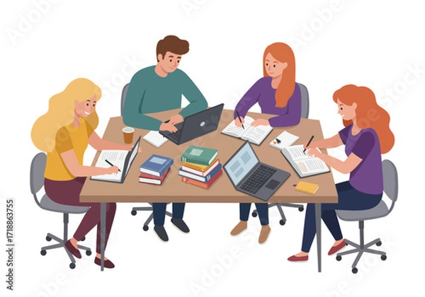 Fototapeta Four students study together at a table using laptops and books