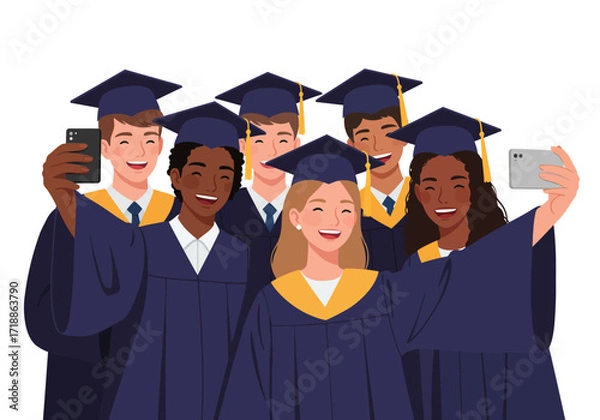 Fototapeta Group of smiling graduates in caps  gowns taking a selfie together