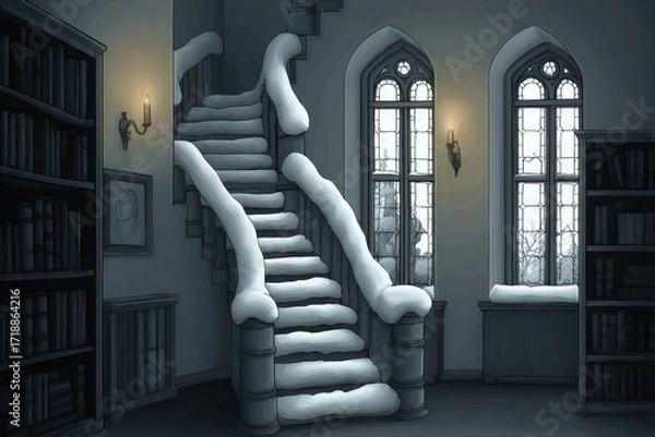 Obraz Snowy staircase in a dimly lit, ornate library