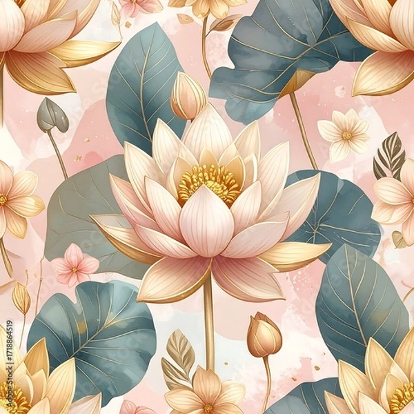 Obraz Elegant floral pattern with lotus and other flowers in gold and blush tones