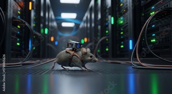 Fototapeta Cyberpunk Mouse in Data Center - A Futuristic Rodent Adventure.