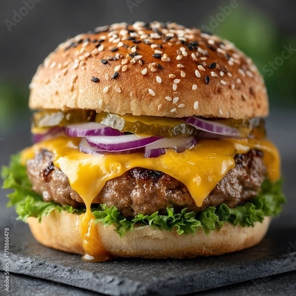 Obraz Delicious Cheeseburger with Fresh Toppings on a Sesame Seed Bun.
