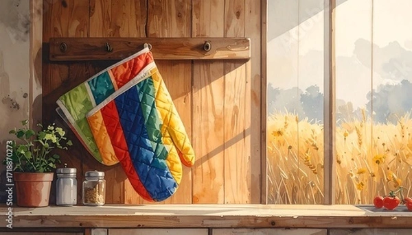Obraz Colorful oven mitt on wooden shelf by a window