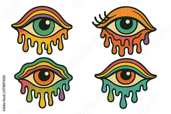 Obraz Surreal trippy melting eyes set, psychedelic dripping eye collection, vibrant 70s retro hand-drawn vector illustrations, colorful contour cartoon designs for vintage style art