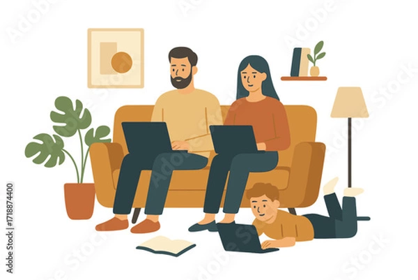 Obraz Whole family working remotely on laptops at home, husband and wife on sofa, child studying on floor, modern home interior, remote work lifestyle, gadget use concept