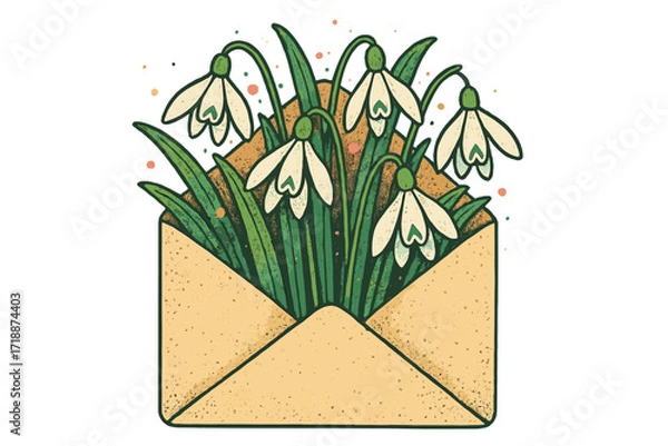 Obraz Whimsical spring flowers bouquet in beige envelope with snowdrops and green leaves, vintage mixed media floral collage, halftone texture, nature letter concept
