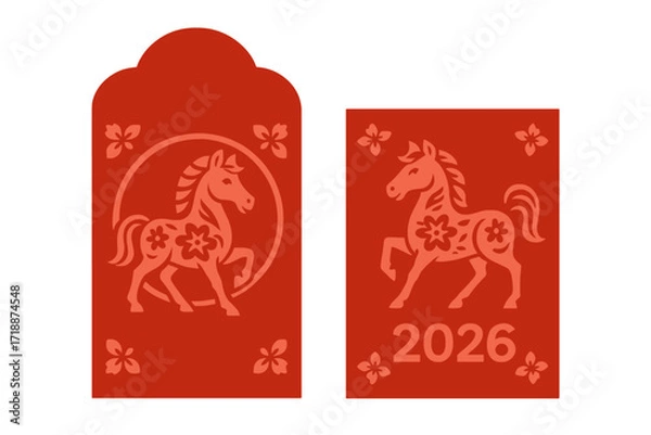 Obraz Chinese New Year 2026 Year of the Horse. Red envelope template vector. Zodiac sign hongbao packet with lucky money. Asian holiday celebration in traditional paper cut art style.