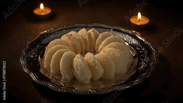 Obraz Delicious Indian sweets arranged on a vintage silver platter, illuminated by candlelight.