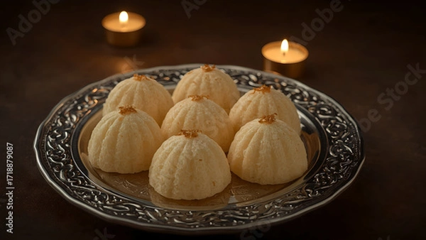 Obraz Delicious Indian sweets arranged on an ornate silver plate, perfect for festive occasions.