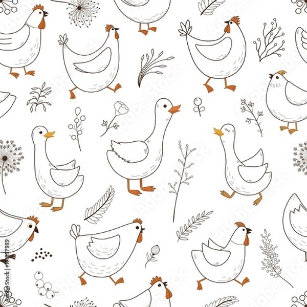 Fototapeta Seamless pattern with cartoon domestic birds