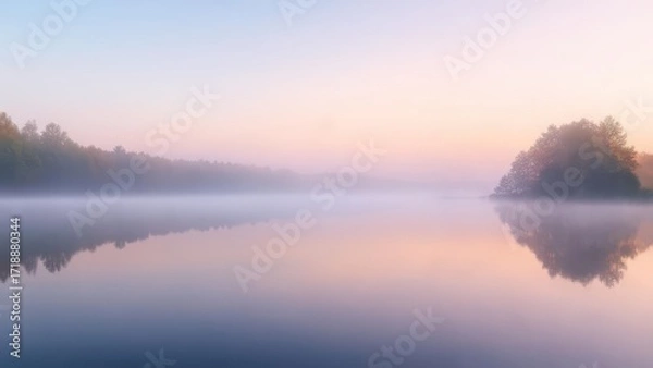 Fototapeta Serene dawn mist over still water, reflecting trees