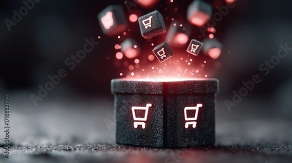 Fototapeta A black textured gift box glows with neon red shopping cart icons while cubes with the same symbol float upward in a burst of energy. Digital commerce online shopping, sale, discount and black friday