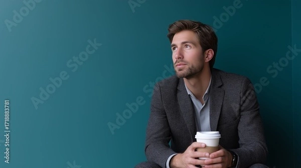 Fototapeta A young businessman in a tailored suit sits against a teal wall, holding a coffee cup and gazing thoughtfully into the distance. The minimalist setting conveys modern lifestyle, focus and inspiration