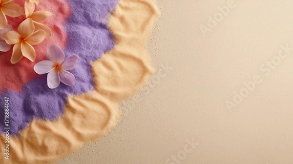 Fototapeta An Indian colorful rangoli made from powdered pigments features pastel flowers arranged on a soft textured background. Pattern highlights cultural tradition, beauty and handmade 