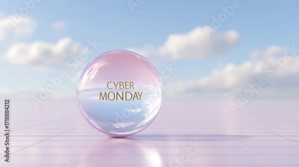 Fototapeta A glowing pastel sphere with the words "Cyber Monday" floats against a dreamy sky, symbolizing online shopping promotions and digital retail. The futuristic aesthetic highlights e-commerce marketing