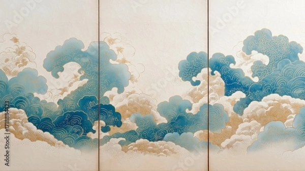 Fototapeta A Japanese folding screen decorated with wave and crane-inspired patterns combines cultural tradition with artistic beauty. The ornate design highlights craftsmanship and Asian aesthetics