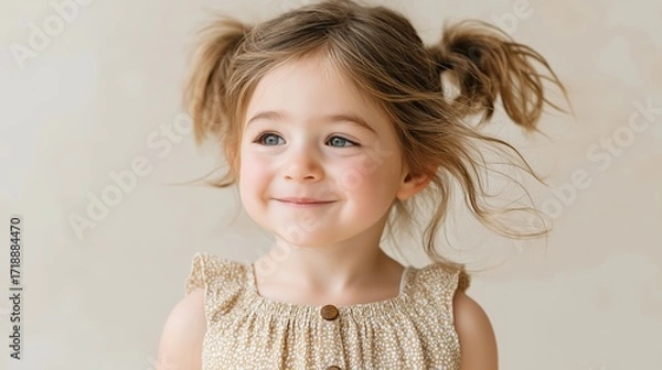 Fototapeta A little girl with blue eyes and playful messy ponytails smiles sweetly in soft natural light. Her casual spring outfit and innocent expression make this portrait warm, charming