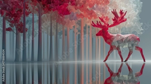 Fototapeta A polygon-style low poly reindeer stands against a surreal forest of red and white geometric trees reflected in calm water. The scene merges wildlife with digital art, creating a futuristic aesthetic 