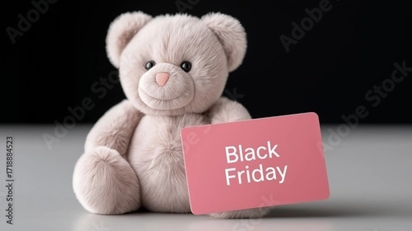 Fototapeta A soft plush teddy bear sits on a neutral surface holding a pink Black Friday sign in its paw. The playful and inviting composition makes it ideal for seasonal sales campaigns and advertising