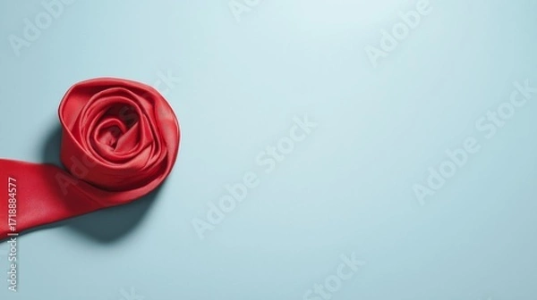Fototapeta A red silk necktie is artfully rolled into the shape of a rose against a pale blue background. The elegant composition blends fashion and romance, making it perfect for design themes of love, style