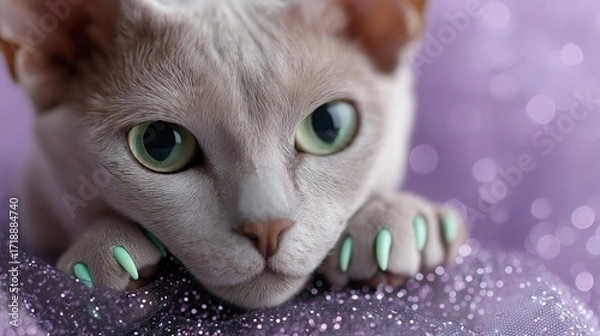 Fototapeta A close-up of a cat with bright mint-colored painted claws lying on shimmering purple glitter fabric. The animal’s expressive green eyes and unusual stylized nails create a surreal and artistic look 