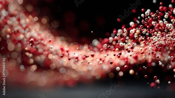 Fototapeta An artistic digital composition of red, white, and golden spheres floating dynamically against a dark background. The abstract bokeh effect and glowing reflections create a festive and futuristic