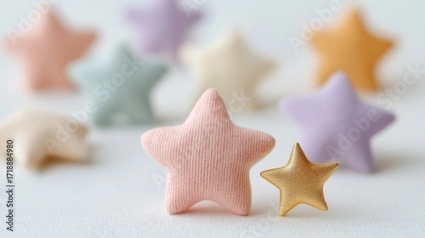 Fototapeta Soft pastel fabric stars and one golden star are arranged against a light background. The whimsical and cozy composition conveys charm, creativity, and playful decoration