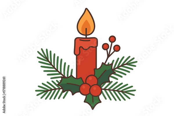 Obraz Christmas candle flat vector illustration. Festive holiday design element with flaming wax candle, fir branch, holly berry. Winter tradition symbol for Xmas decoration isolated.