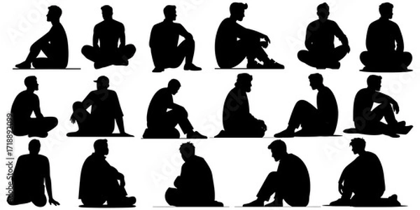 Fototapeta Silhouettes of Men Sitting in Various Poses – Black Vector Collection for Design and Illustration
