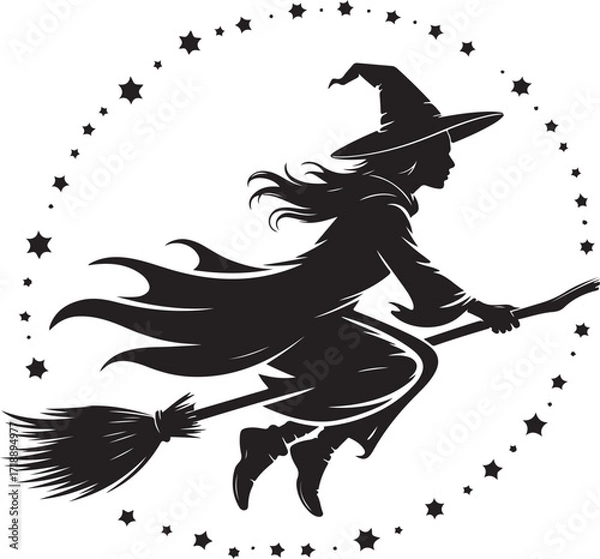 Obraz Halloween witch flying silhouette with stars vector