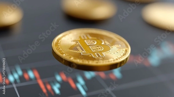 Fototapeta Golden Bitcoin Coin Floating Above Digital Financial Chart Background