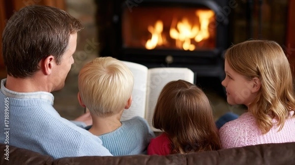 Fototapeta Cozy Family Reading Time by the Fireplace with Warm Glow