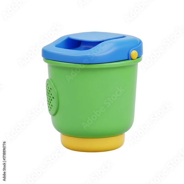 Fototapeta Vibrant 3D Rendered Green Bucket with Blue Lid and Yellow Base, Transparent Background