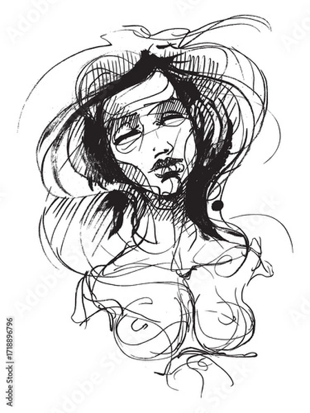 Fototapeta Fashion. Stylish woman in hat. Graphic portrait of a girl. Female face