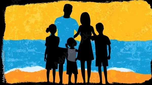 Fototapeta Silhouette of a Family with Colorful Background at Sunset