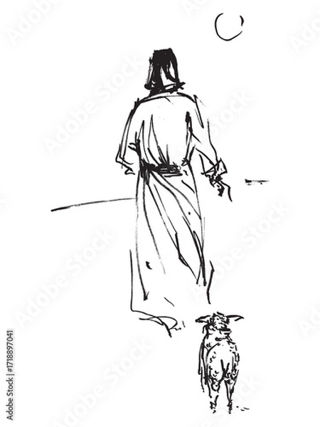 Fototapeta Jesus Christ with a sheep. The shepherd leads the sheep. The right path