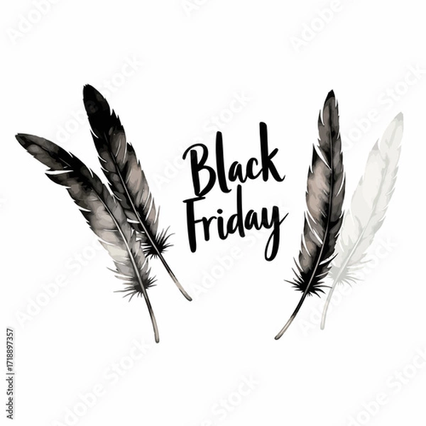 Fototapeta Artistic Arrangement of Black and White Feathers Surrounding a Minimalist Black Friday Text on Clean White Background