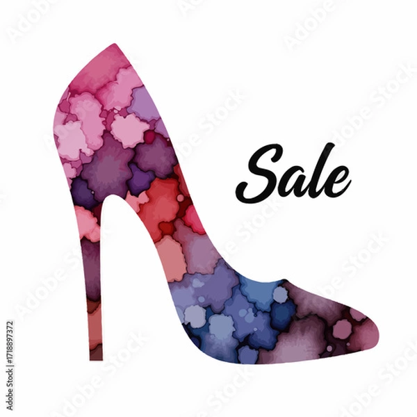 Fototapeta Elegant High Heel Silhouette with Vibrant Watercolor Patterns Highlighting a Fashion Sale Event on a White Background