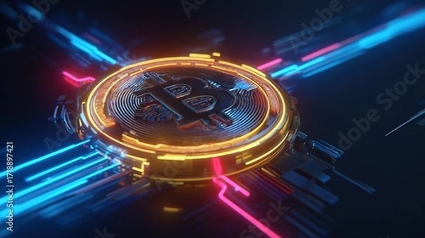 Fototapeta Digital Cryptocurrency Symbol with Glowing Effects and Bright Lights