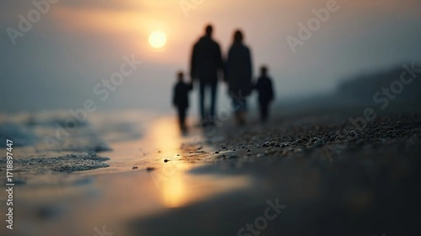 Fototapeta Family Silhouette Walking on Beach During Sunset with Soft Waves