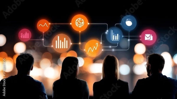Fototapeta Business Meeting with Data Visualization and City Background