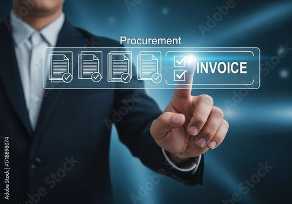 Fototapeta Businessman selects invoice from digital procurement checklist on futuristic interface image