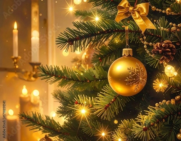 Fototapeta Christmas tree with golden ornaments and candles