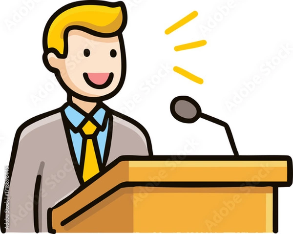 Fototapeta a cartoonish man speaking at a podium with a happy expression