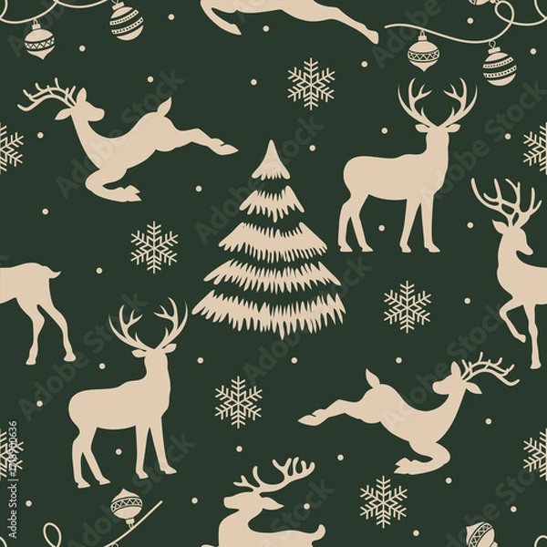 Fototapeta Seamless Christmas pattern with reindeer, snowflakes, and fir trees on dark green background.