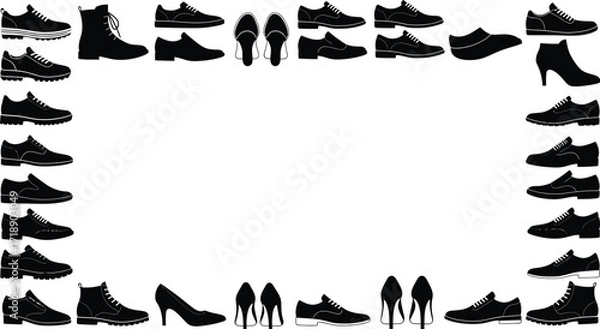 Fototapeta A frame of various black shoe silhouettes on a white background editable stock