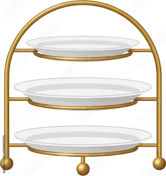 Fototapeta A three tiered dessert stand with gold frame and empty white plates editable stock