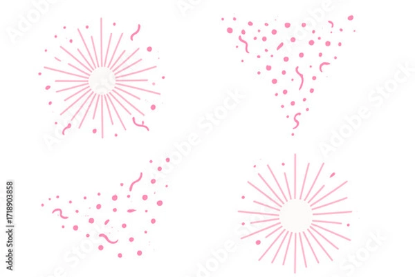 Fototapeta Pink abstract confetti and starburst shapes vector set with transparent background, decorative party elements, celebration design, festive decoration illustration