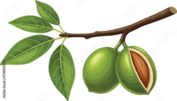 Fototapeta A branch with green almonds and leaves isolated on white background editable stock